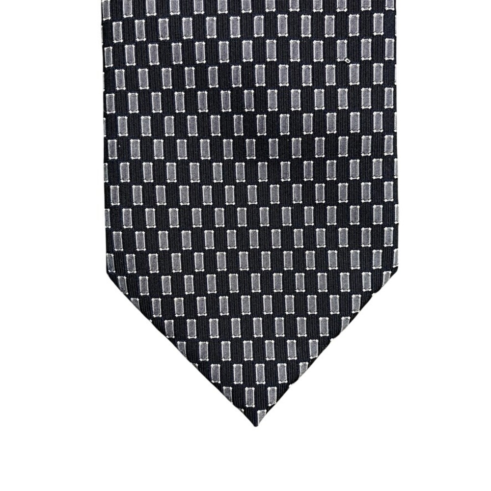 Kenneth Cole New York Mens Silk Tie Navy Blue Silver Geometric Pattern Hand Made